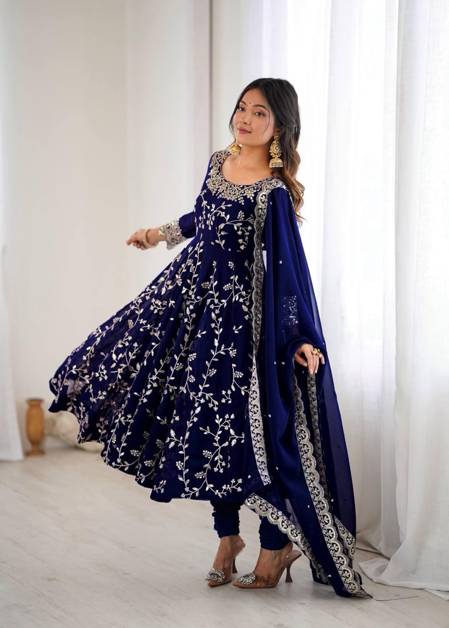 Maroon Faux Georgette Embroidered Anarkali Gown with Churidar and Dupatta