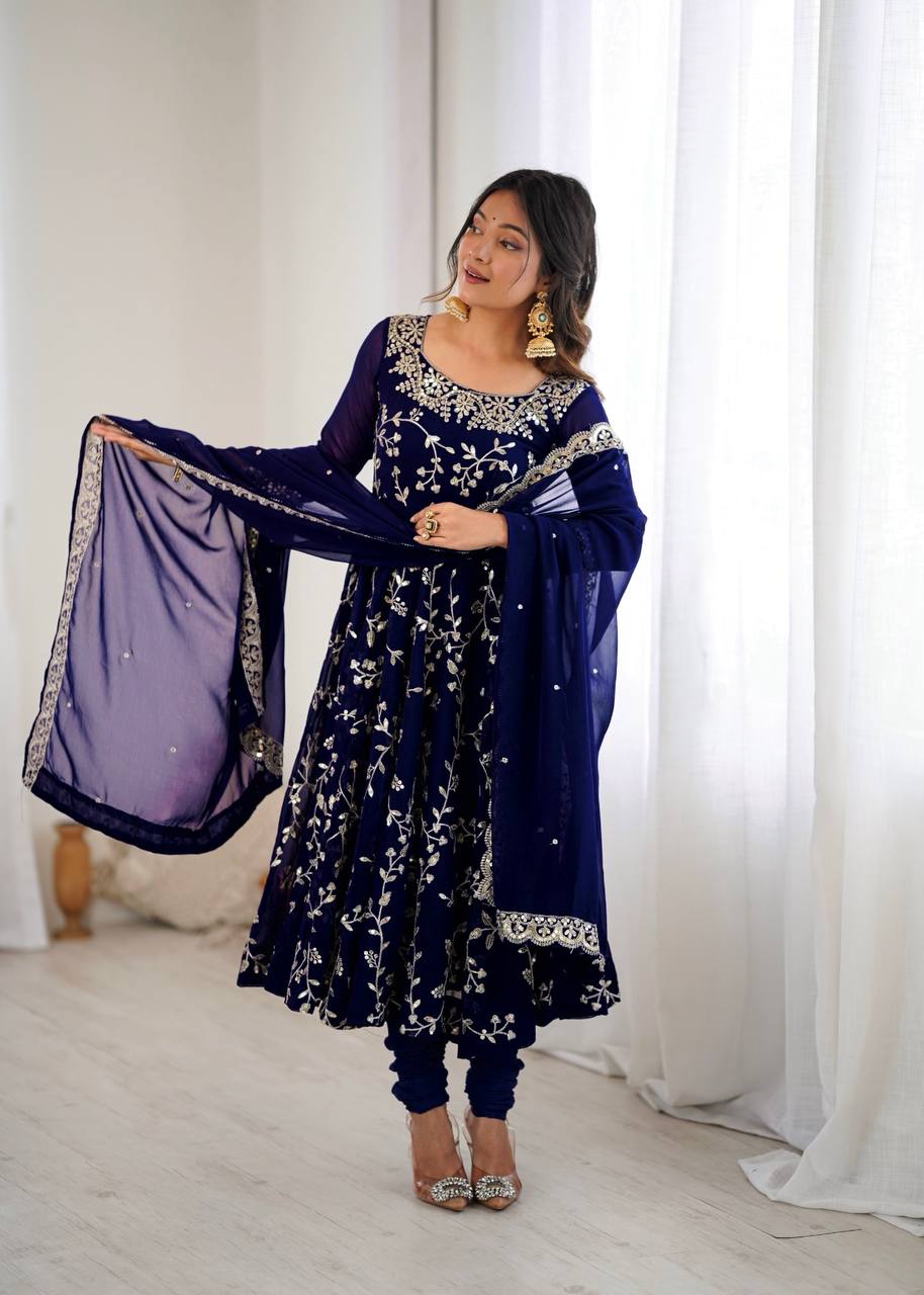 Maroon Faux Georgette Embroidered Anarkali Gown with Churidar and Dupatta