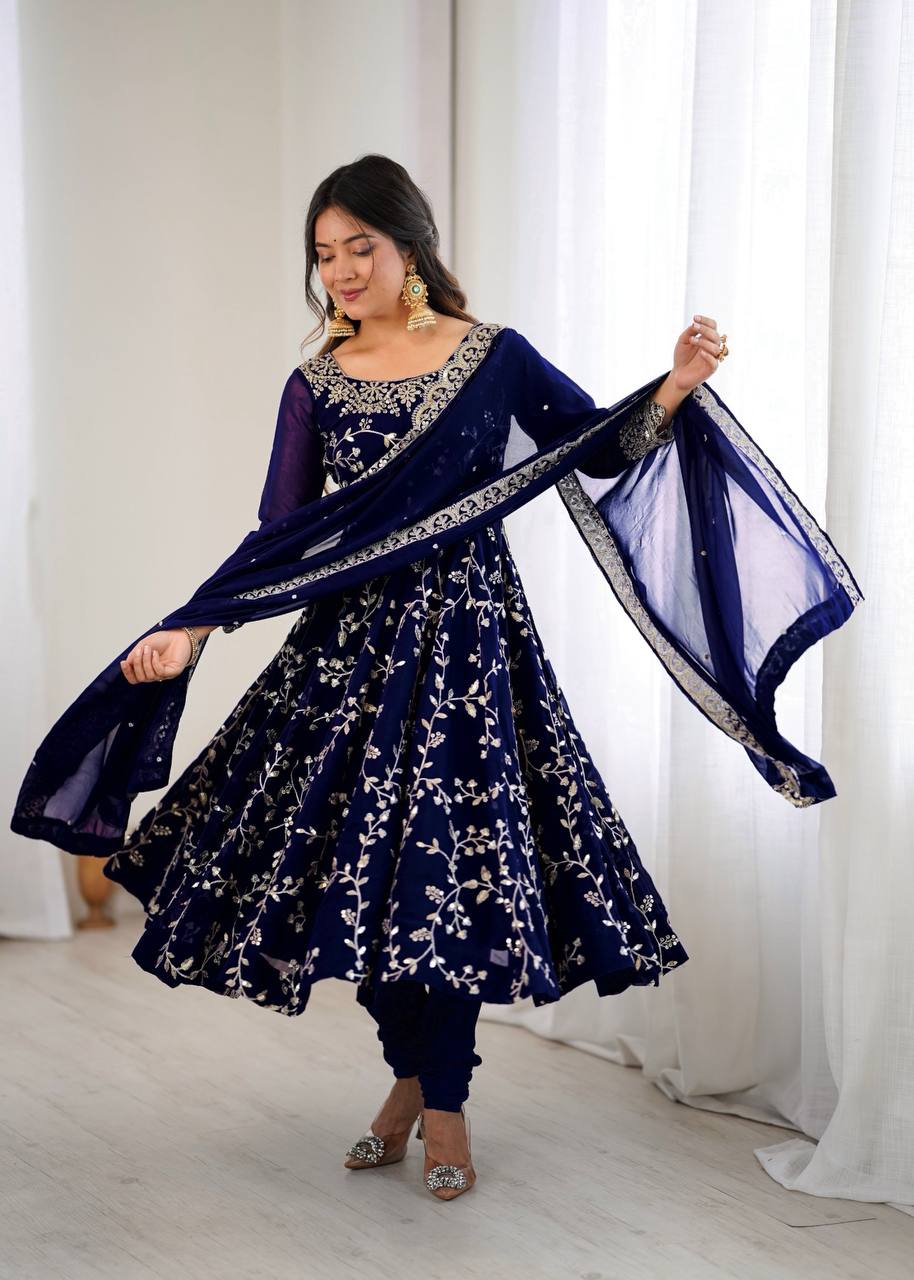 Maroon Faux Georgette Embroidered Anarkali Gown with Churidar and Dupatta