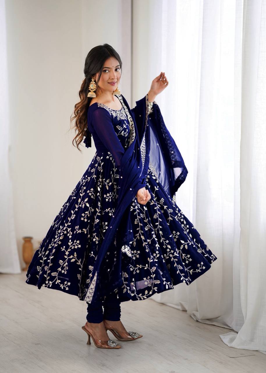 Maroon Faux Georgette Embroidered Anarkali Gown with Churidar and Dupatta