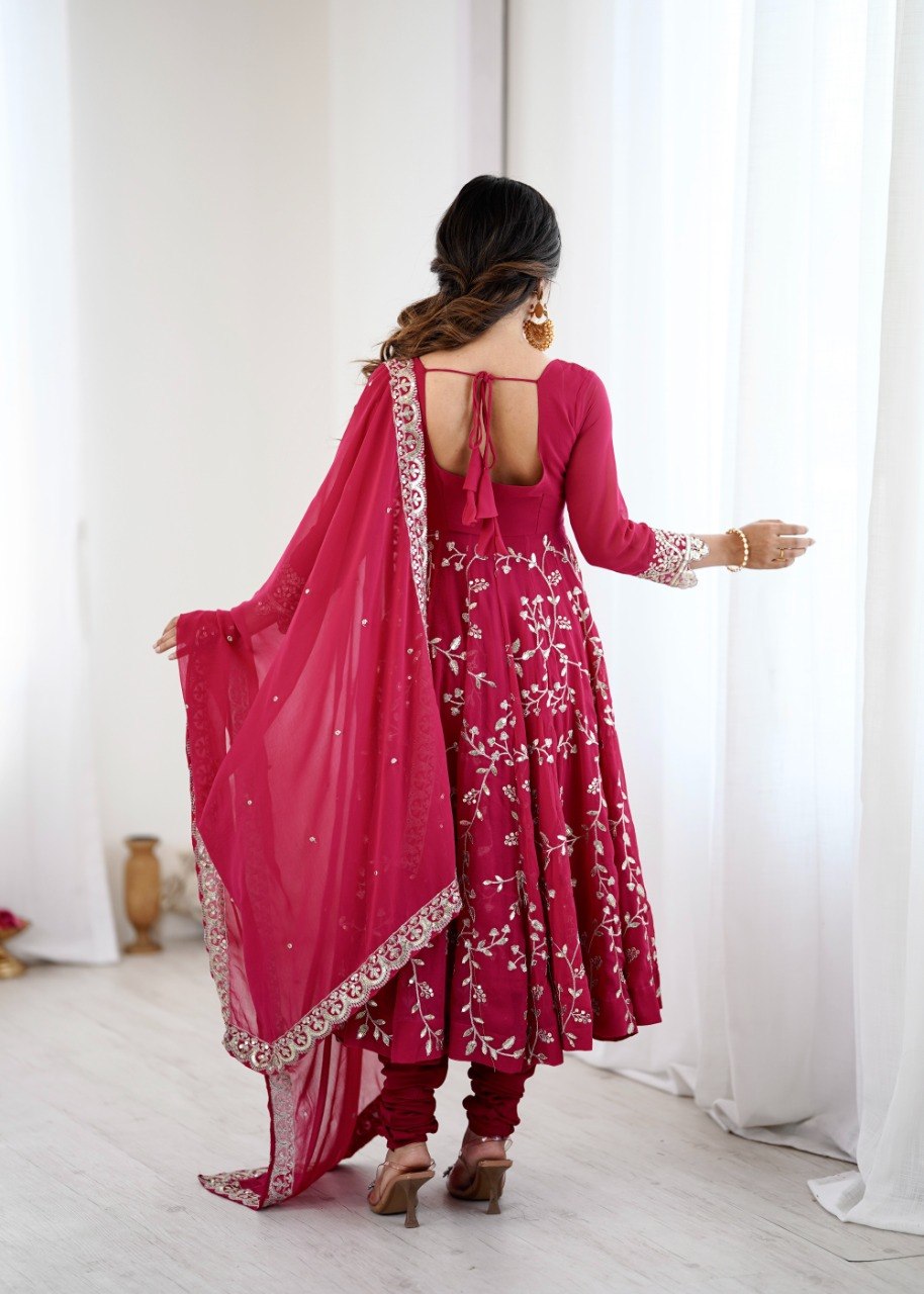Maroon Faux Georgette Embroidered Anarkali Gown with Churidar and Dupatta
