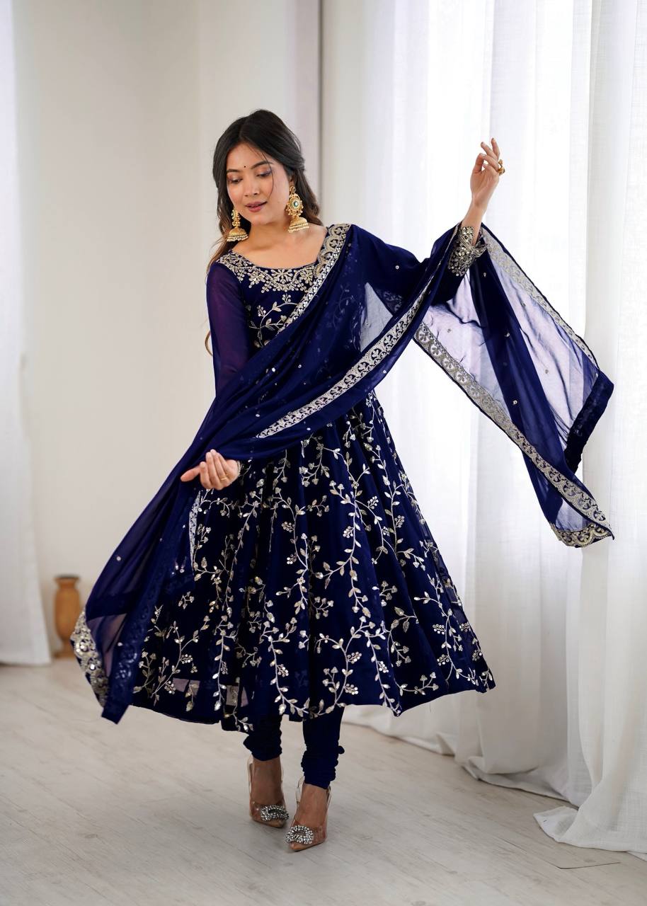 Maroon Faux Georgette Embroidered Anarkali Gown with Churidar and Dupatta