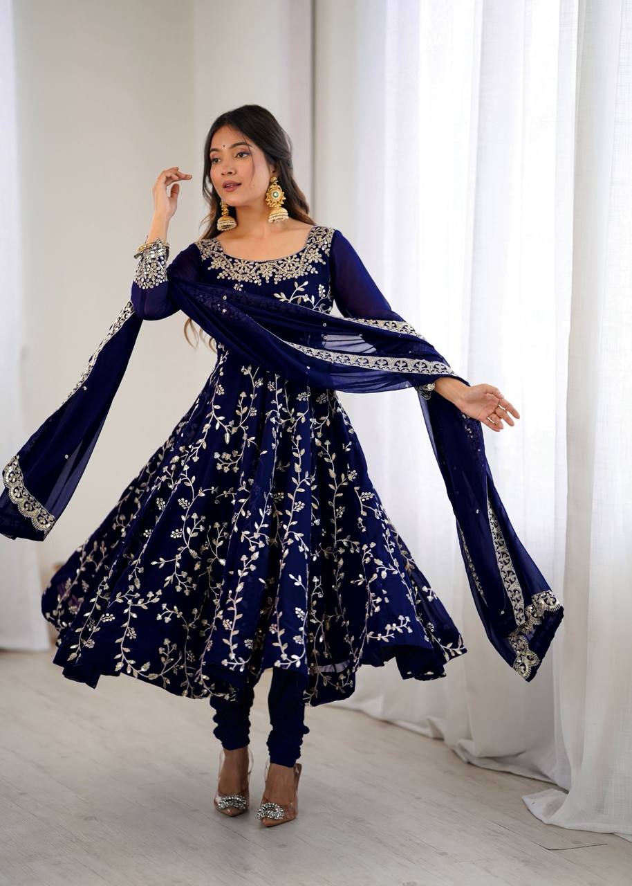 Maroon Faux Georgette Embroidered Anarkali Gown with Churidar and Dupatta