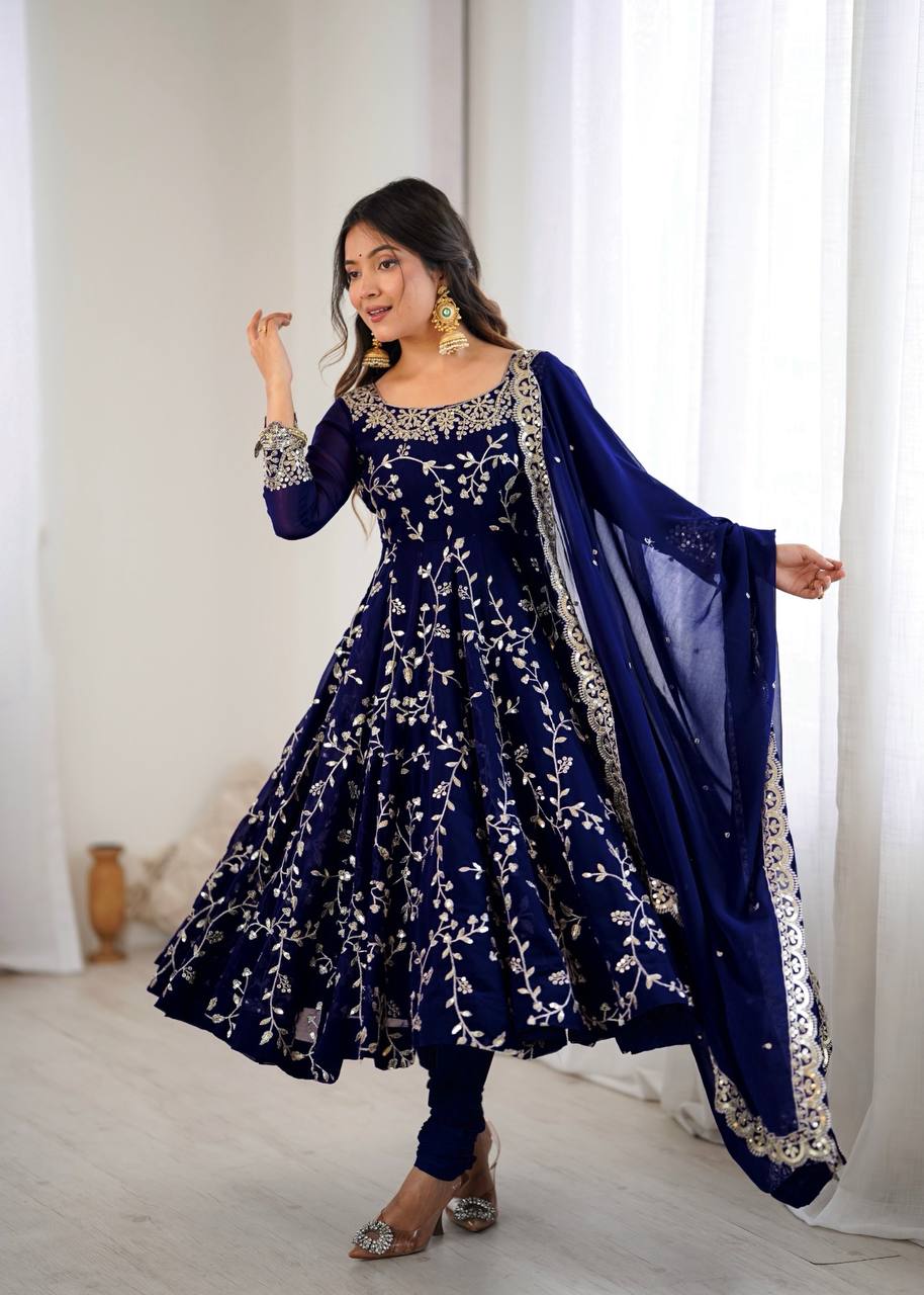 Maroon Faux Georgette Embroidered Anarkali Gown with Churidar and Dupatta