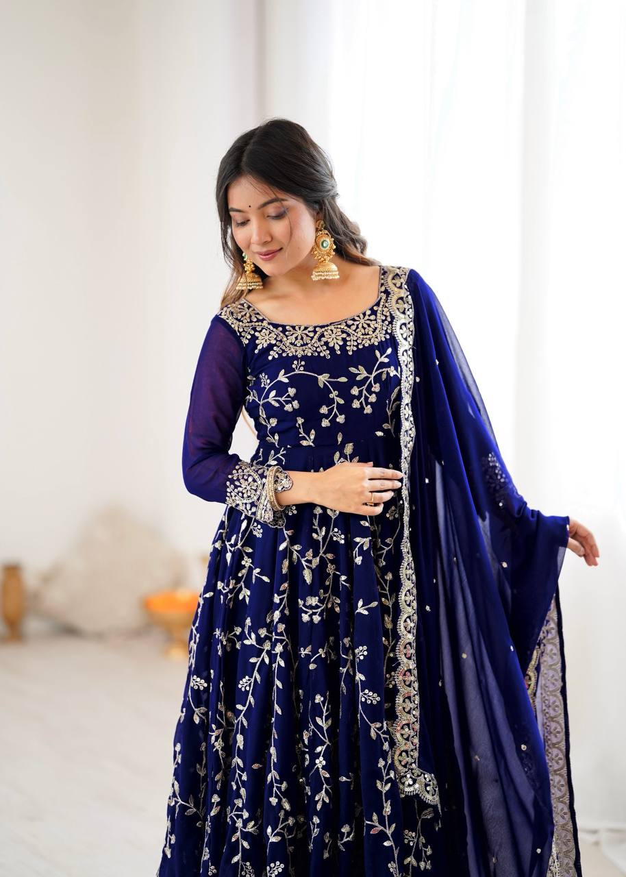 Maroon Faux Georgette Embroidered Anarkali Gown with Churidar and Dupatta