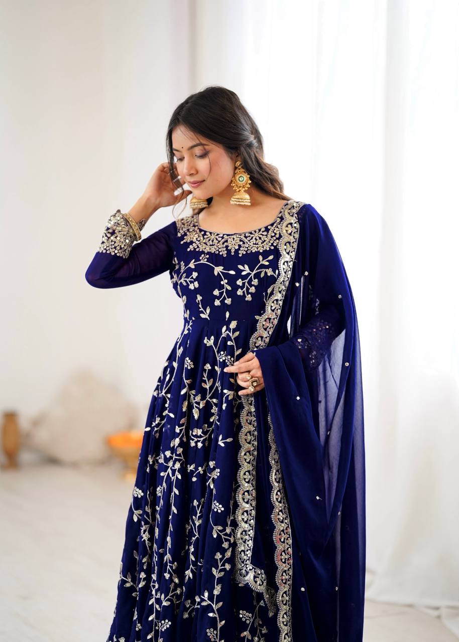 Maroon Faux Georgette Embroidered Anarkali Gown with Churidar and Dupatta