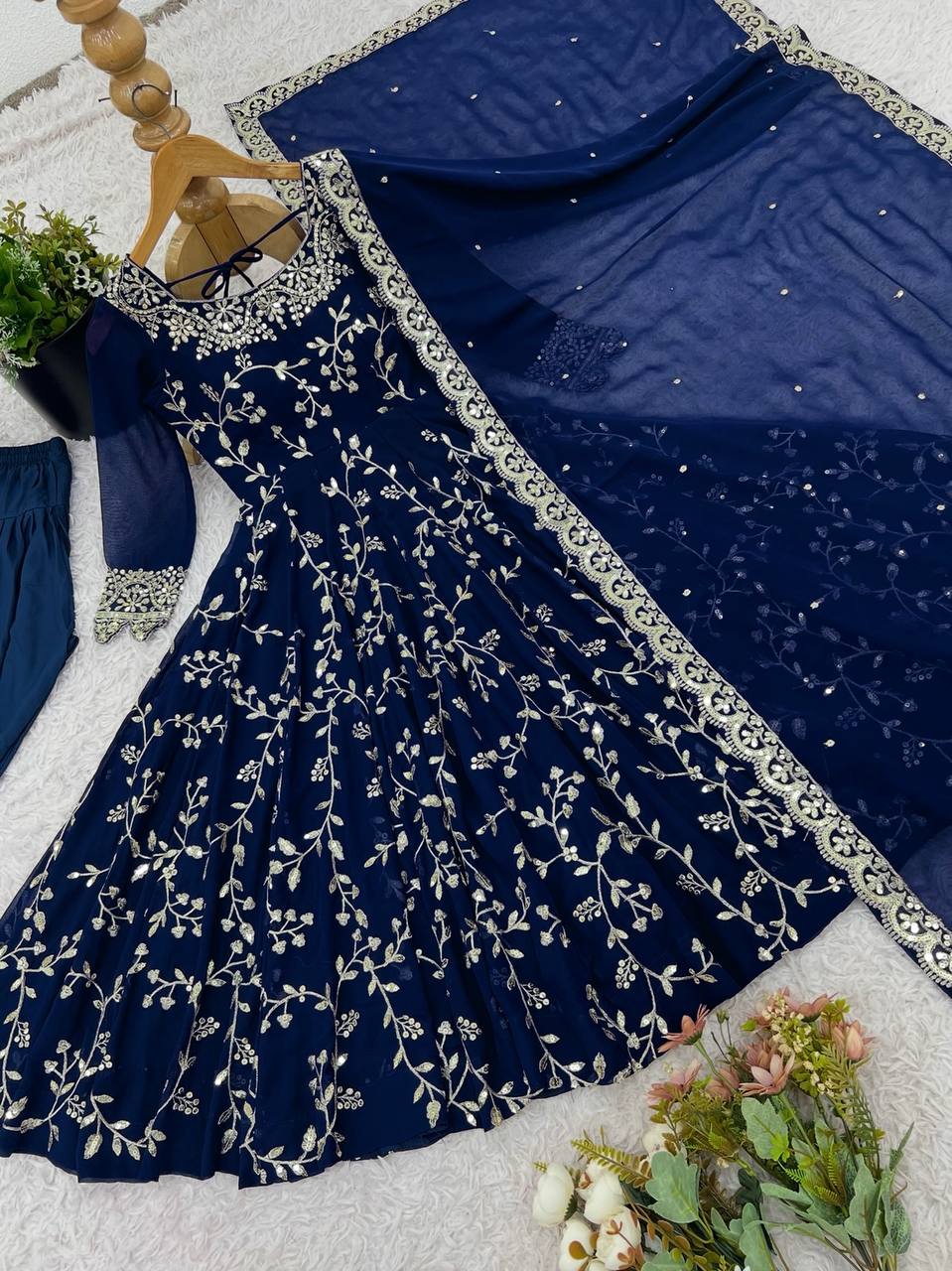 Maroon Faux Georgette Embroidered Anarkali Gown with Churidar and Dupatta