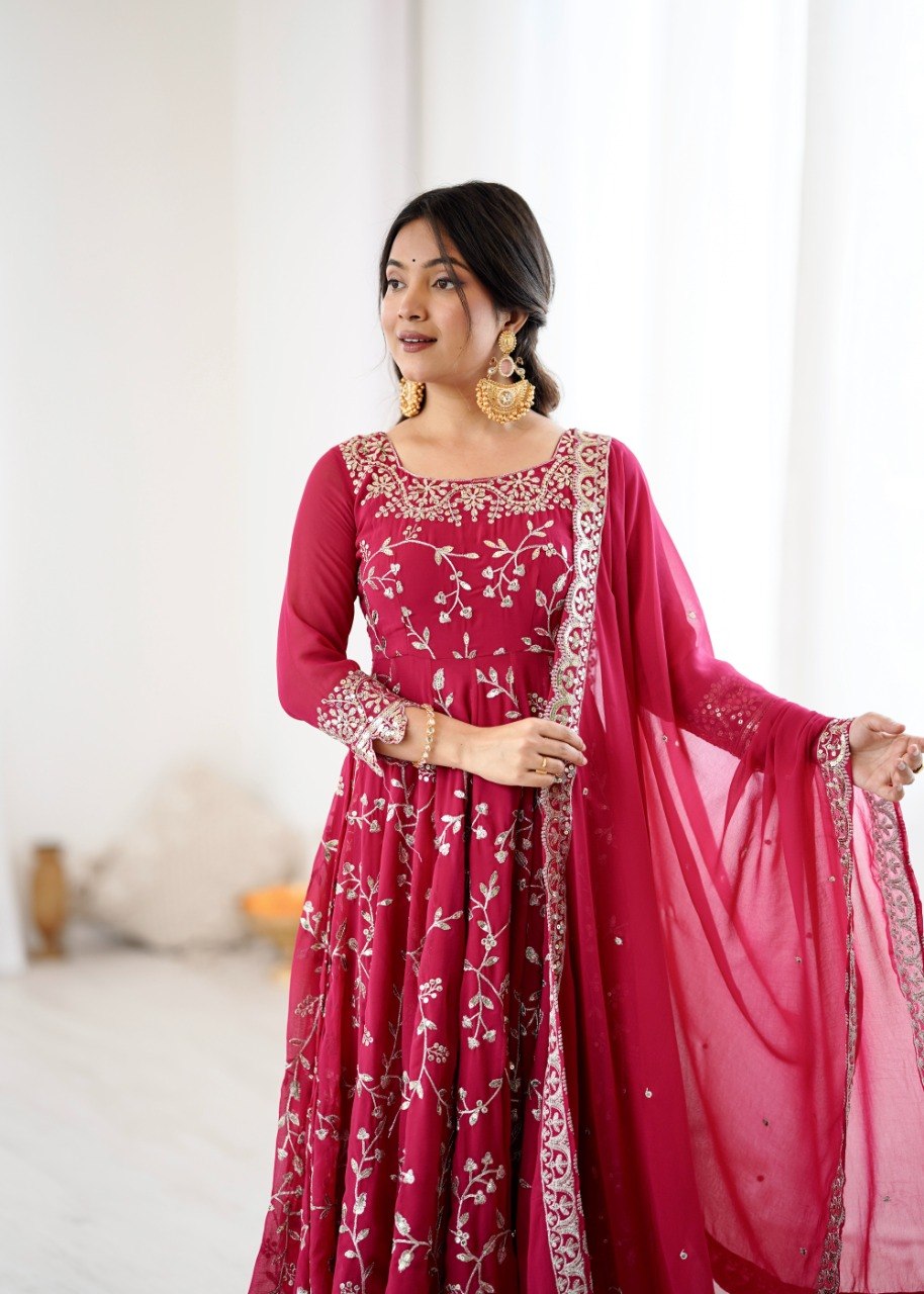 Maroon Faux Georgette Embroidered Anarkali Gown with Churidar and Dupatta