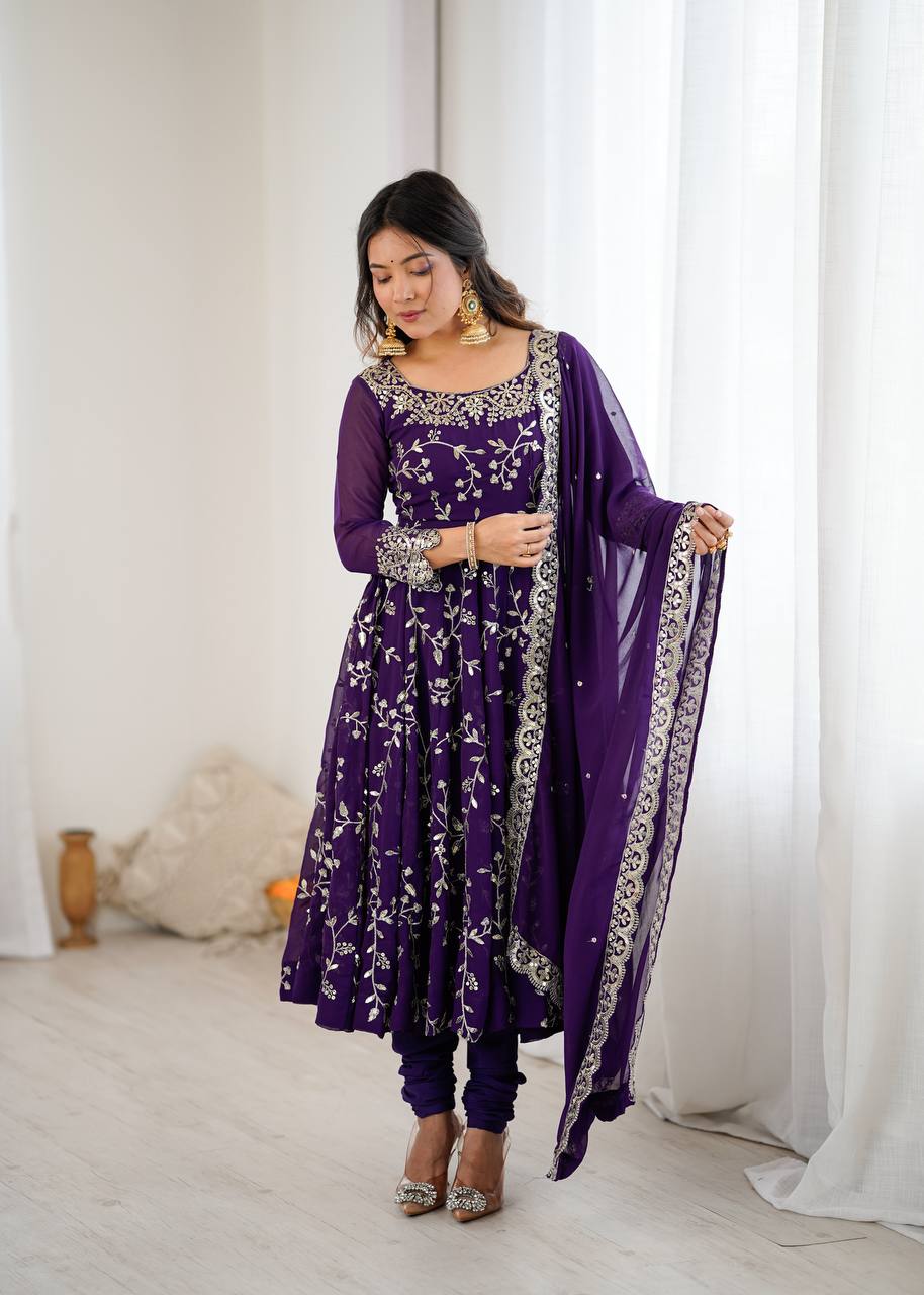 Maroon Faux Georgette Embroidered Anarkali Gown with Churidar and Dupatta