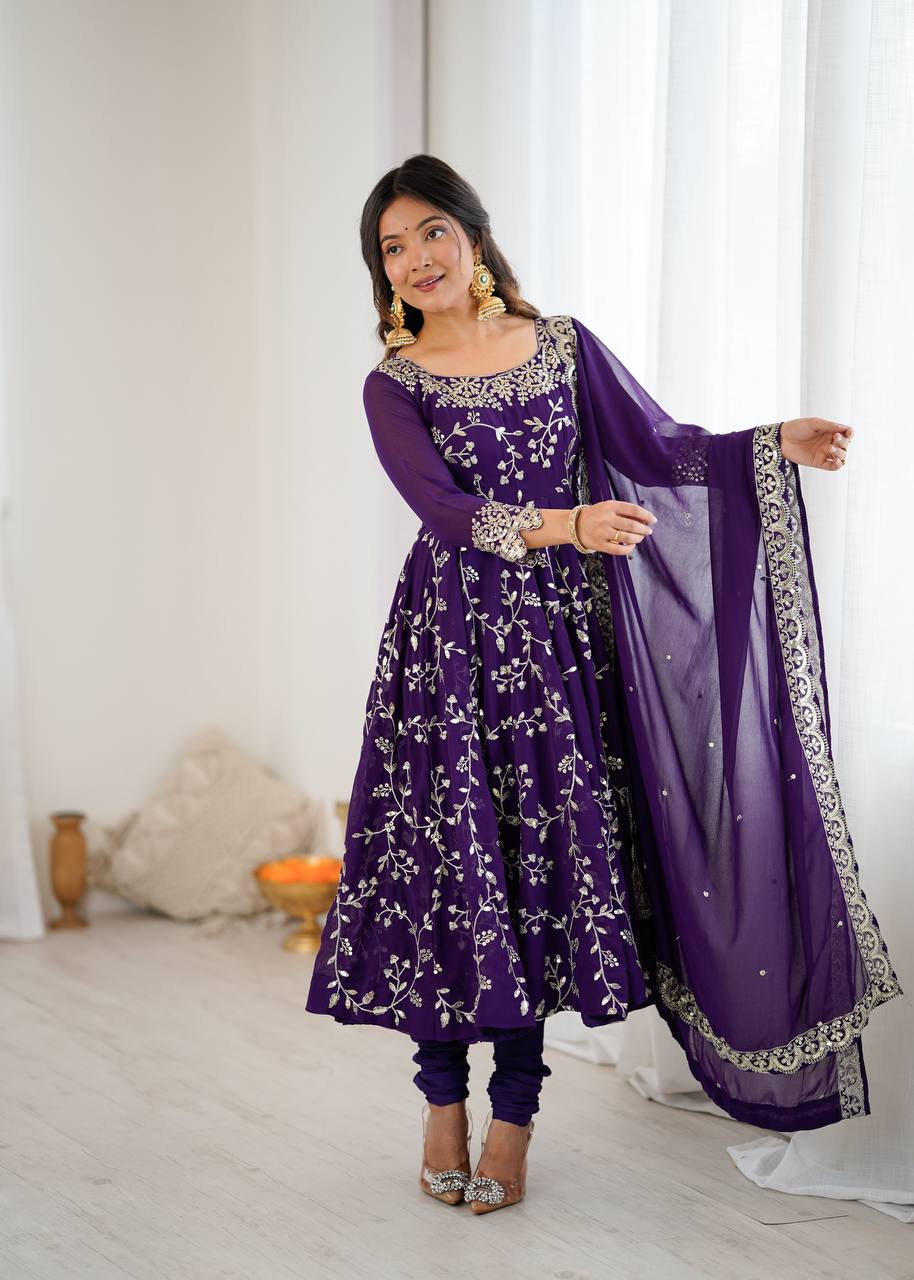 Maroon Faux Georgette Embroidered Anarkali Gown with Churidar and Dupatta