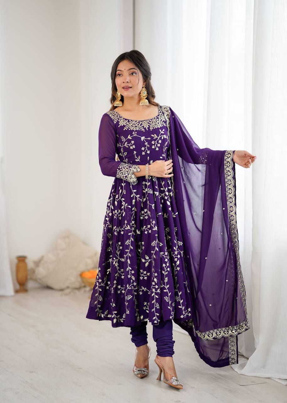Maroon Faux Georgette Embroidered Anarkali Gown with Churidar and Dupatta
