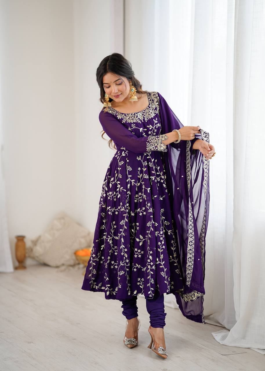 Maroon Faux Georgette Embroidered Anarkali Gown with Churidar and Dupatta