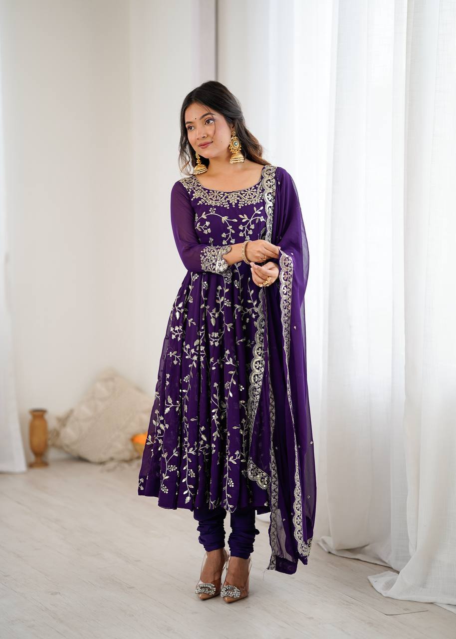 Maroon Faux Georgette Embroidered Anarkali Gown with Churidar and Dupatta