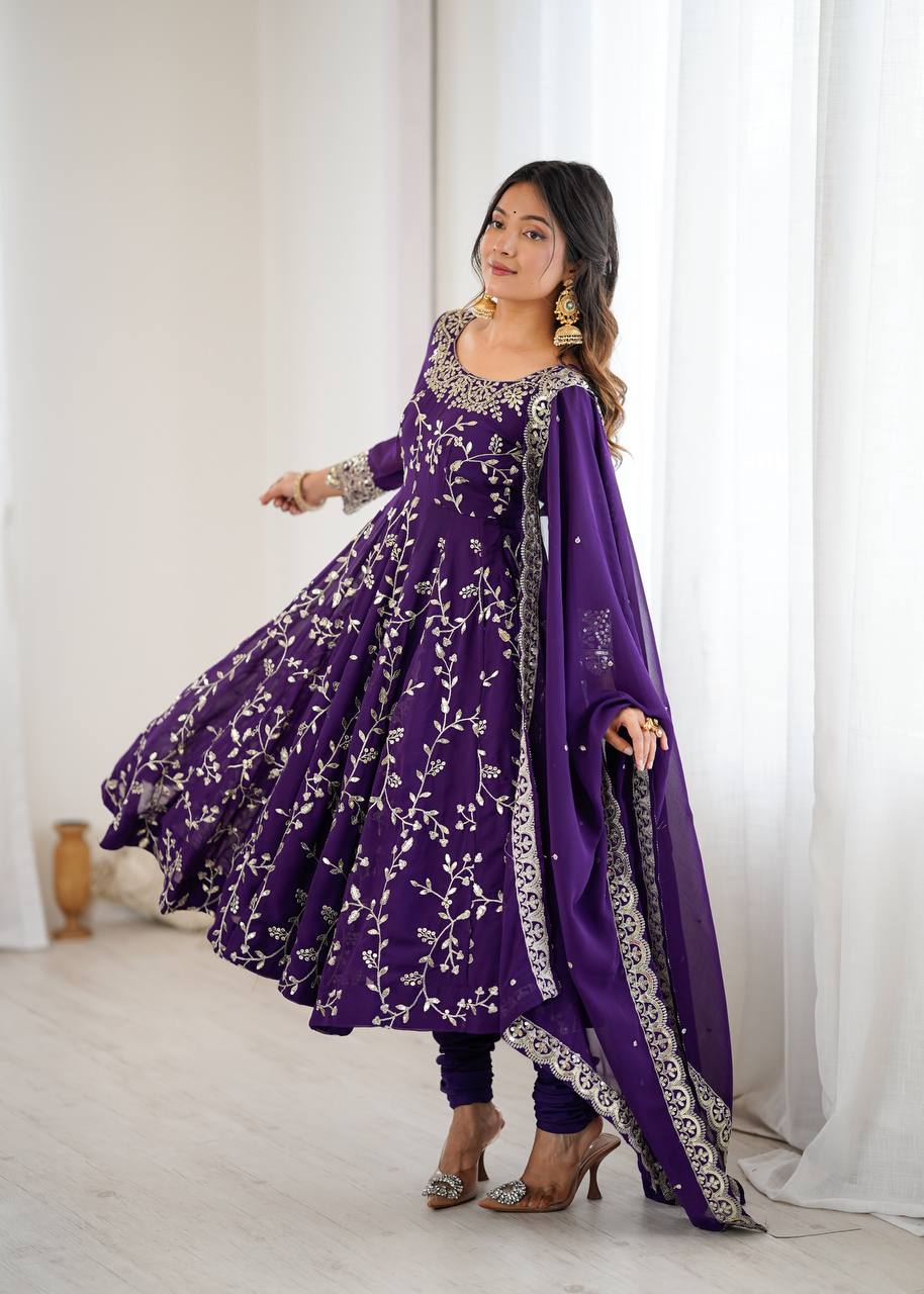 Maroon Faux Georgette Embroidered Anarkali Gown with Churidar and Dupatta
