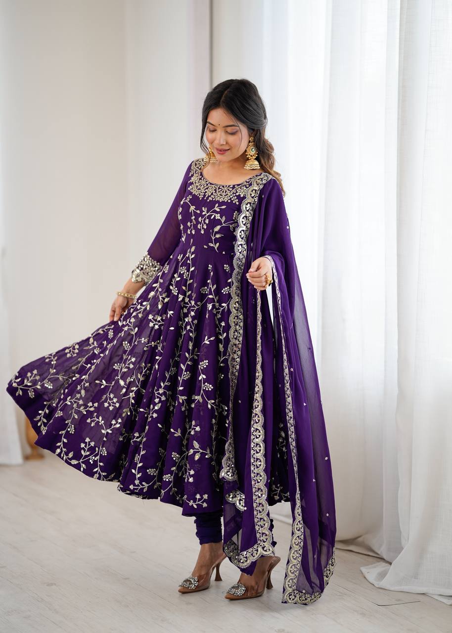 Maroon Faux Georgette Embroidered Anarkali Gown with Churidar and Dupatta