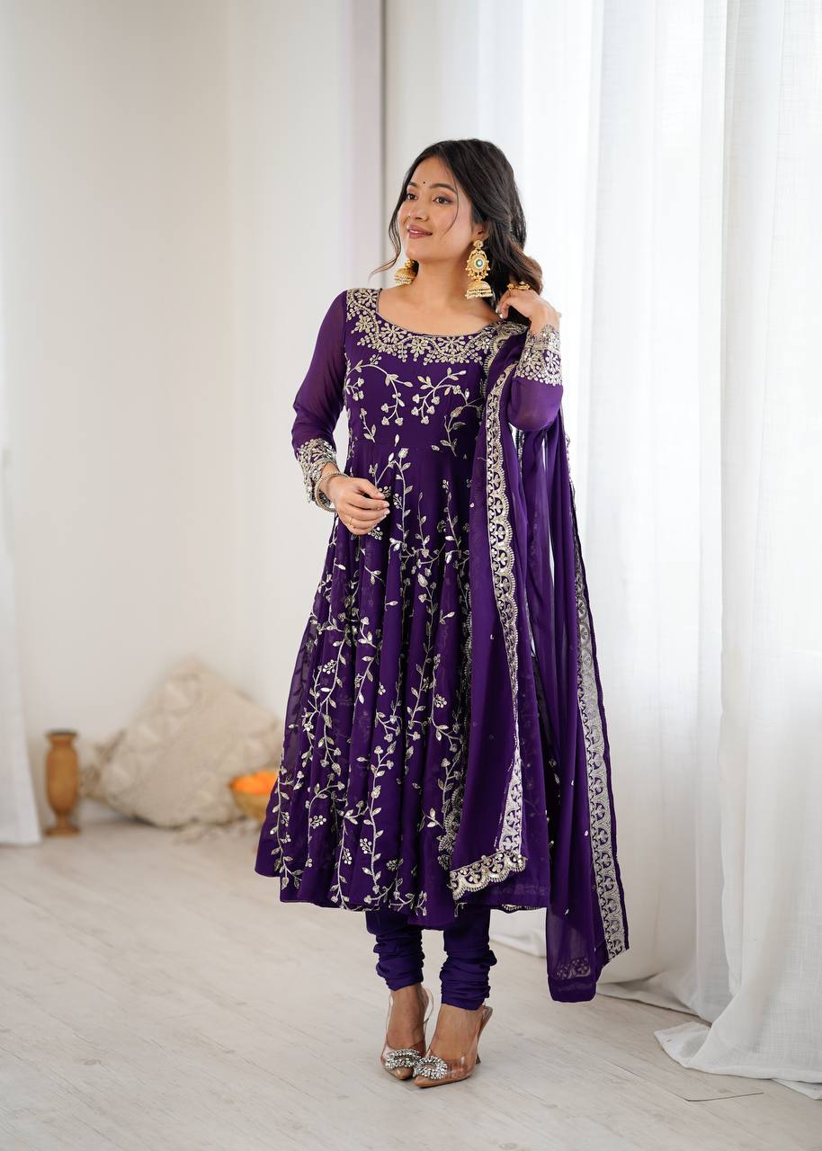 Maroon Faux Georgette Embroidered Anarkali Gown with Churidar and Dupatta