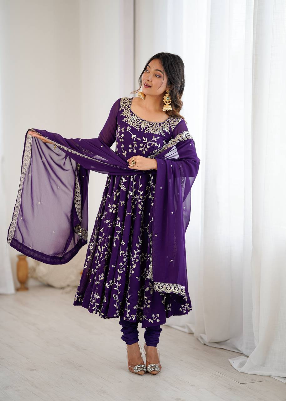 Maroon Faux Georgette Embroidered Anarkali Gown with Churidar and Dupatta