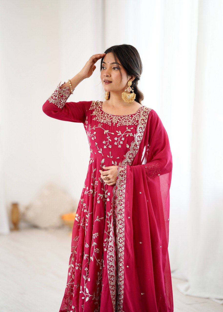 Maroon Faux Georgette Embroidered Anarkali Gown with Churidar and Dupatta