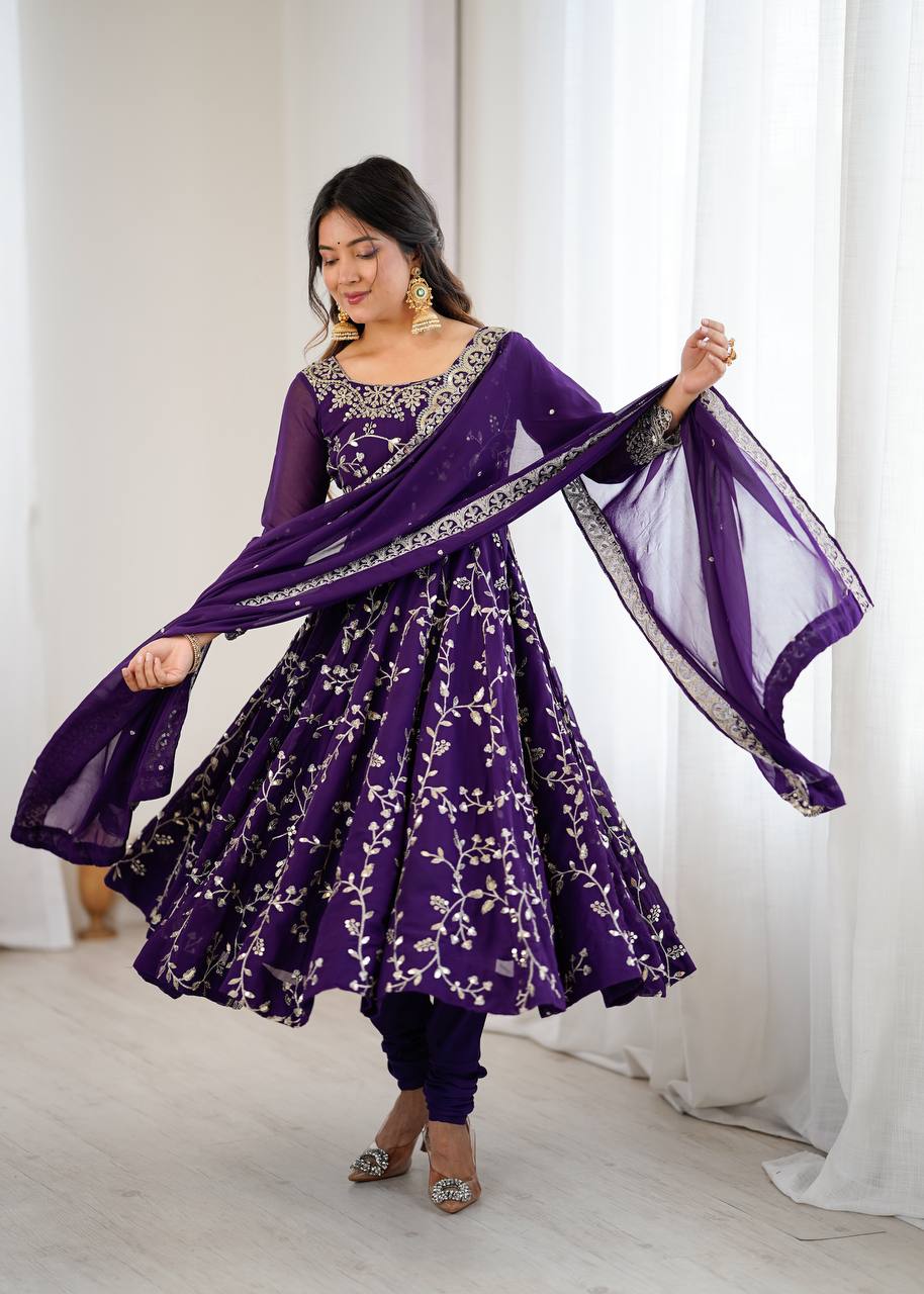 Maroon Faux Georgette Embroidered Anarkali Gown with Churidar and Dupatta