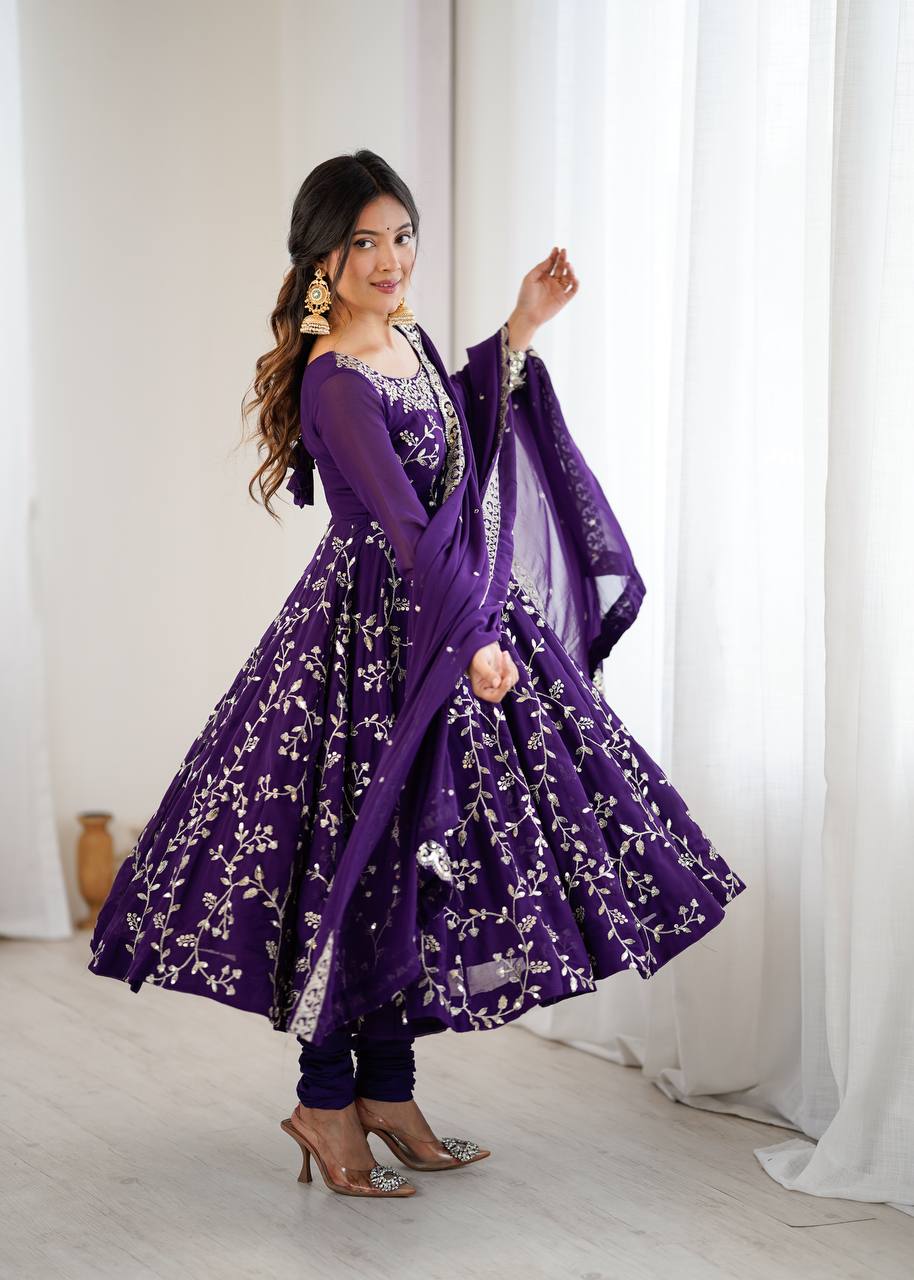 Maroon Faux Georgette Embroidered Anarkali Gown with Churidar and Dupatta