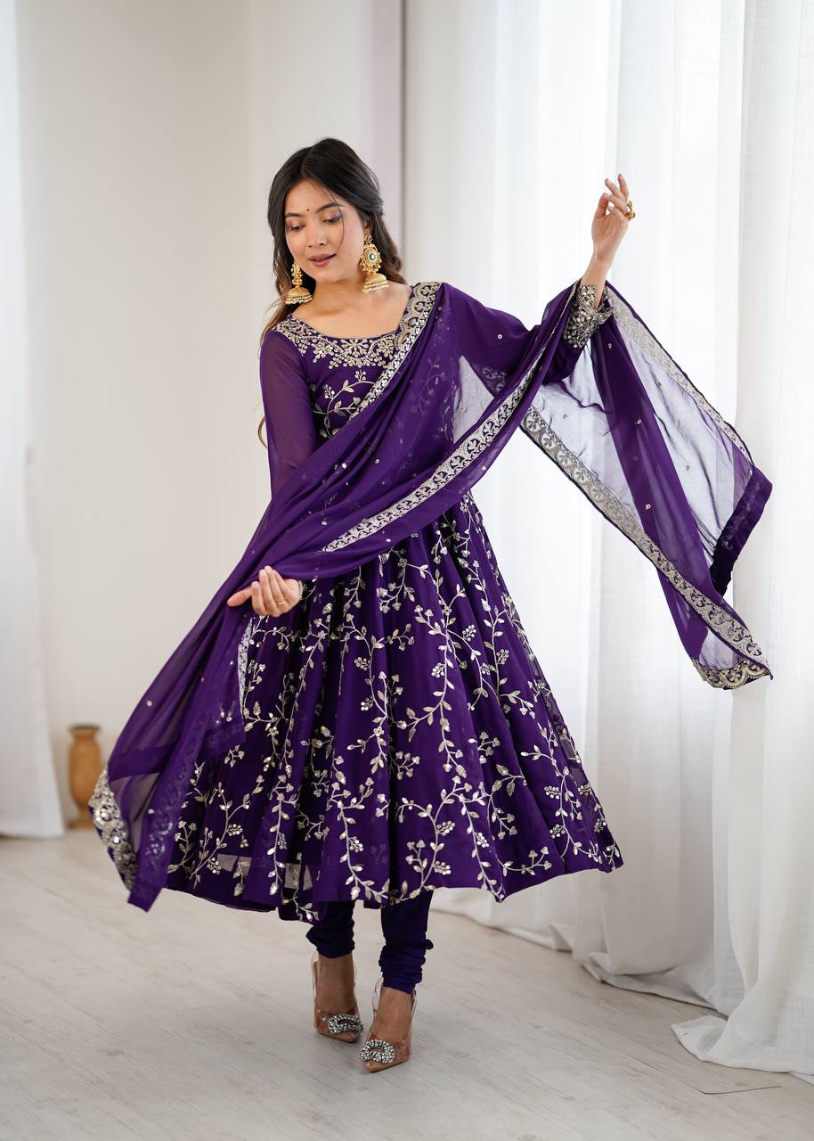 Maroon Faux Georgette Embroidered Anarkali Gown with Churidar and Dupatta