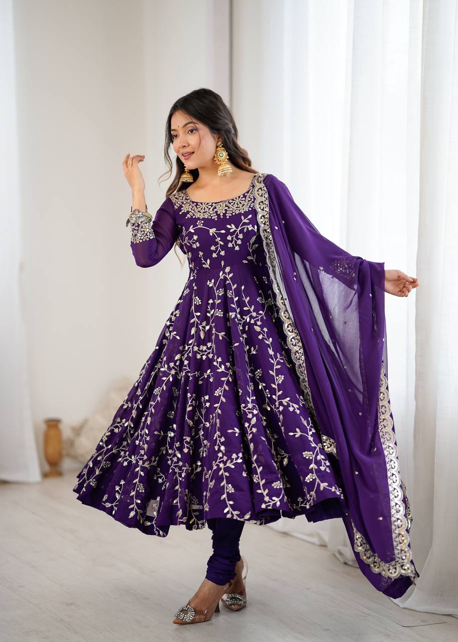 Maroon Faux Georgette Embroidered Anarkali Gown with Churidar and Dupatta