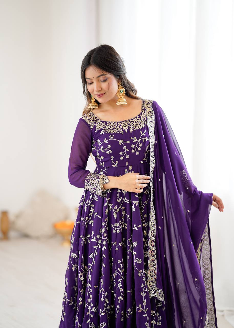Maroon Faux Georgette Embroidered Anarkali Gown with Churidar and Dupatta