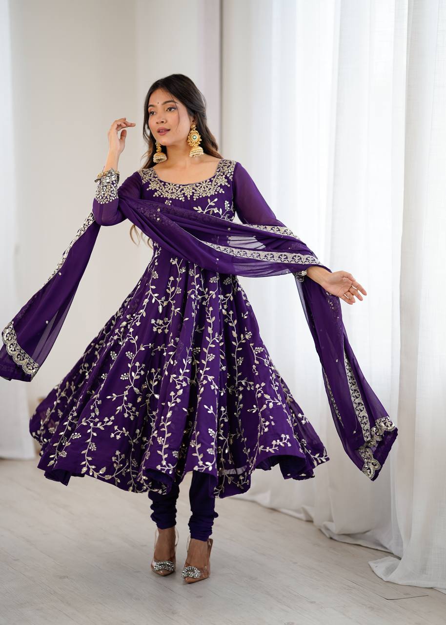 Maroon Faux Georgette Embroidered Anarkali Gown with Churidar and Dupatta