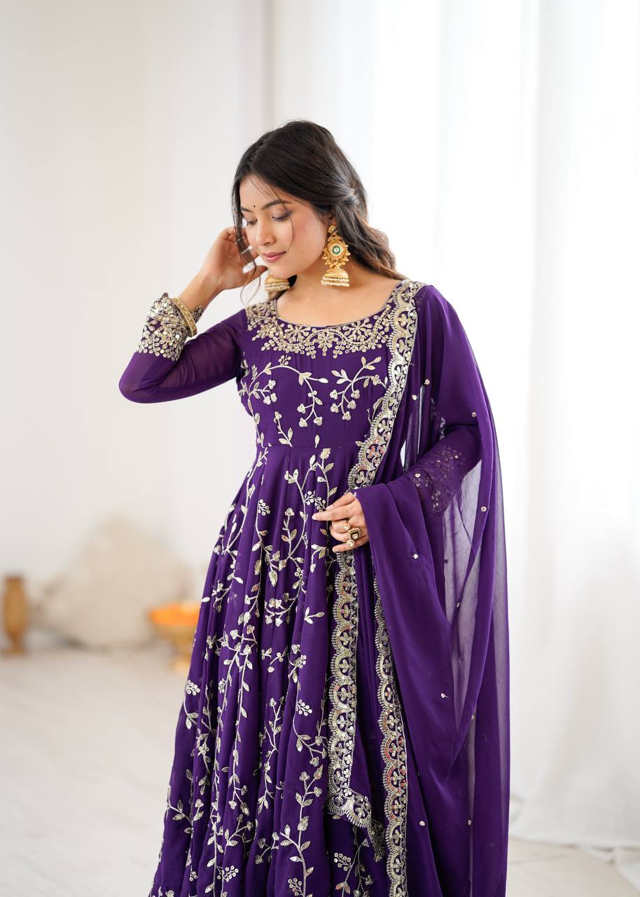 Maroon Faux Georgette Embroidered Anarkali Gown with Churidar and Dupatta