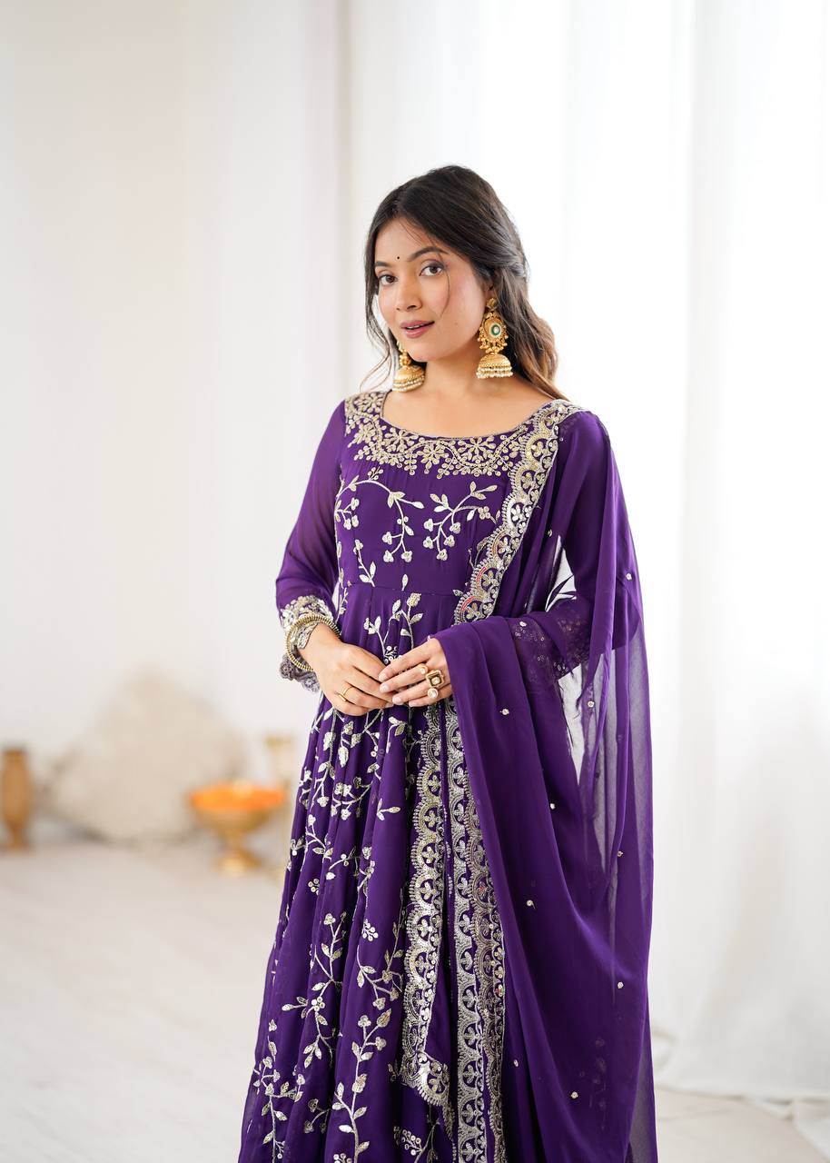 Maroon Faux Georgette Embroidered Anarkali Gown with Churidar and Dupatta