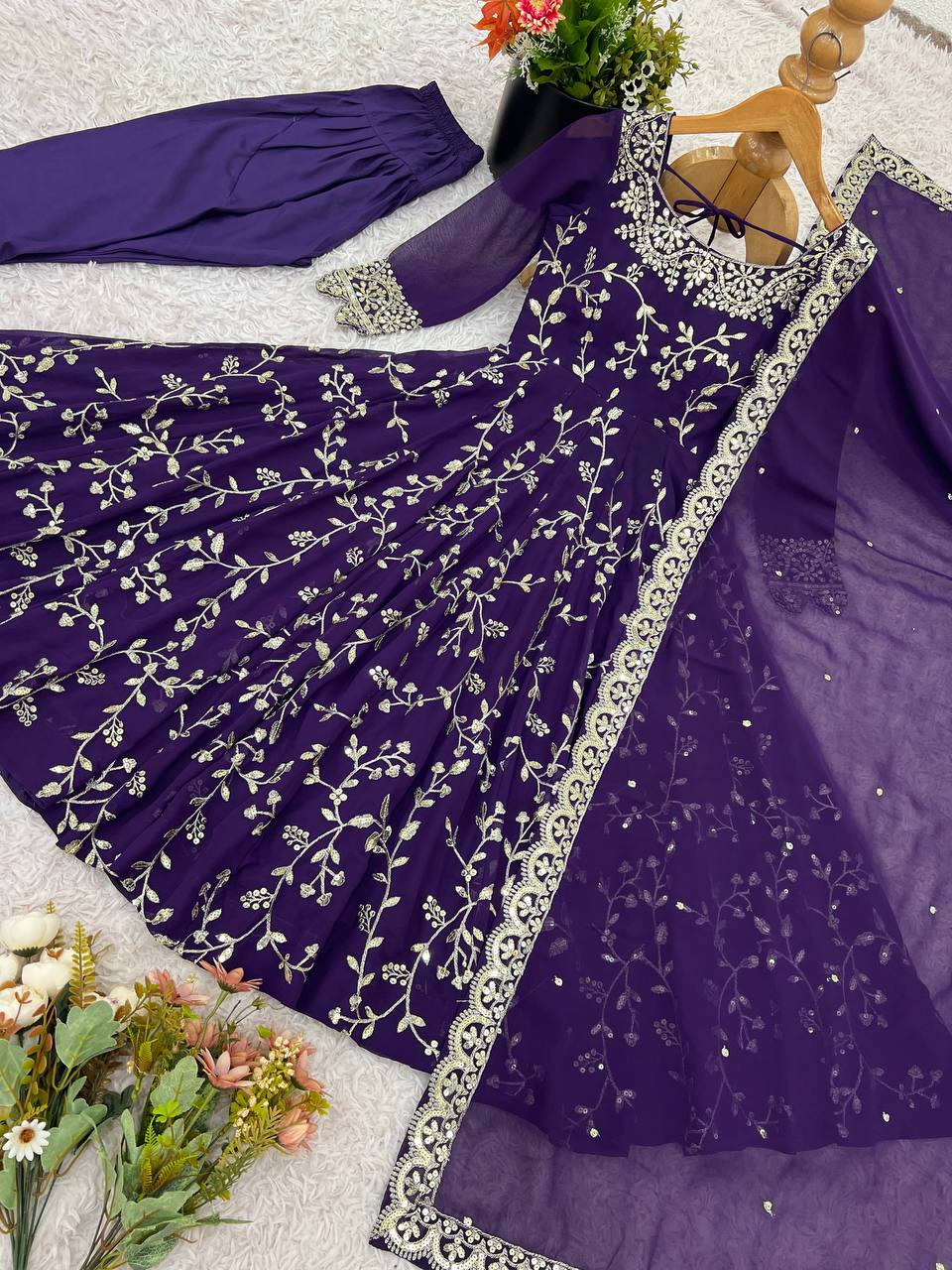 Maroon Faux Georgette Embroidered Anarkali Gown with Churidar and Dupatta