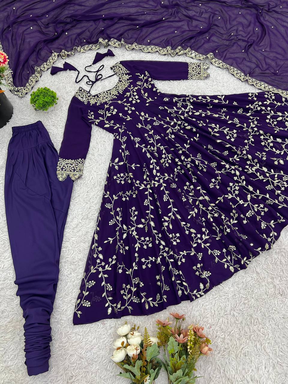 Maroon Faux Georgette Embroidered Anarkali Gown with Churidar and Dupatta
