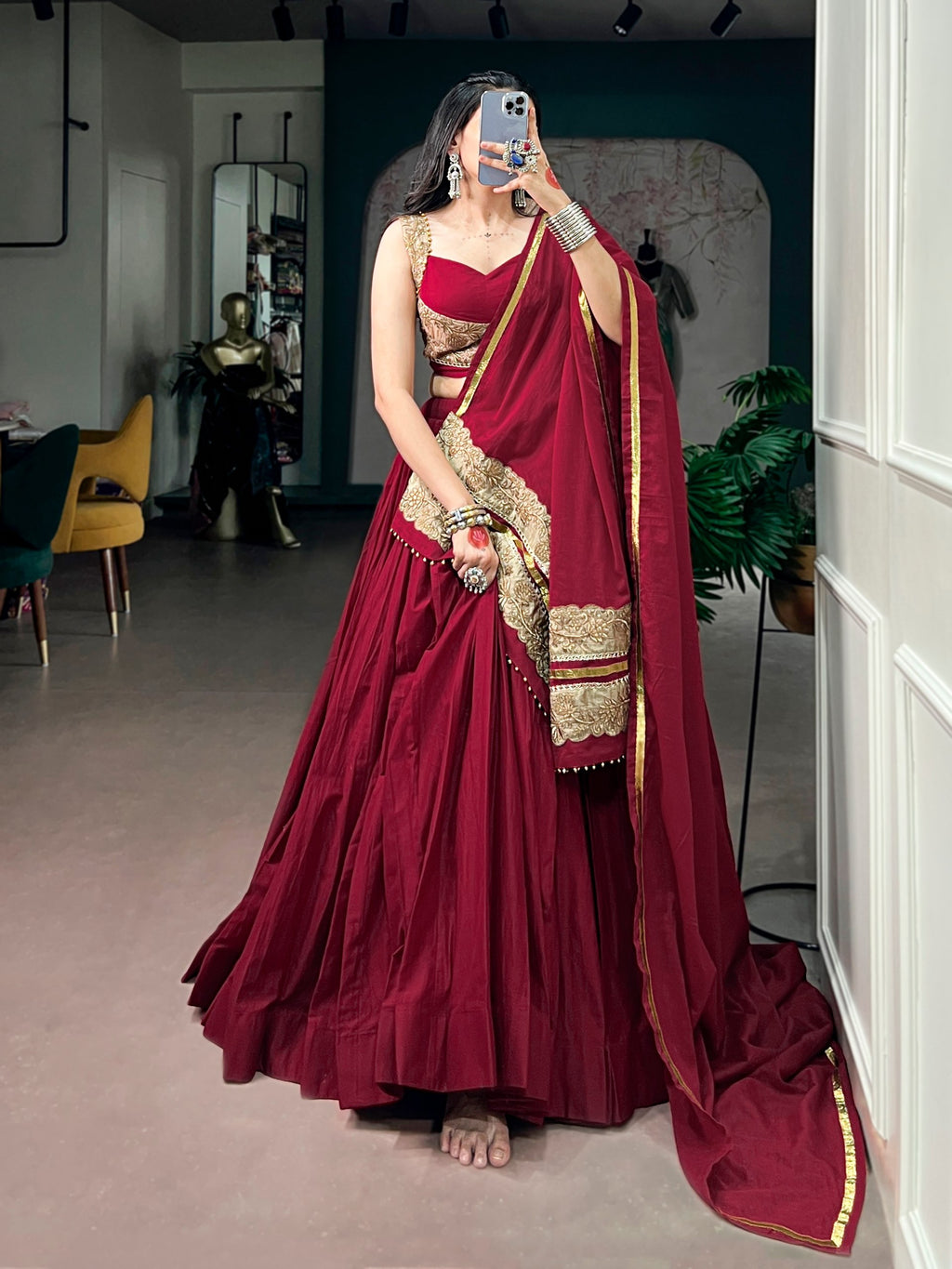 Maroon Mal Cotton Navratri Lehenga Choli with Sequins and Thread Embroidery
