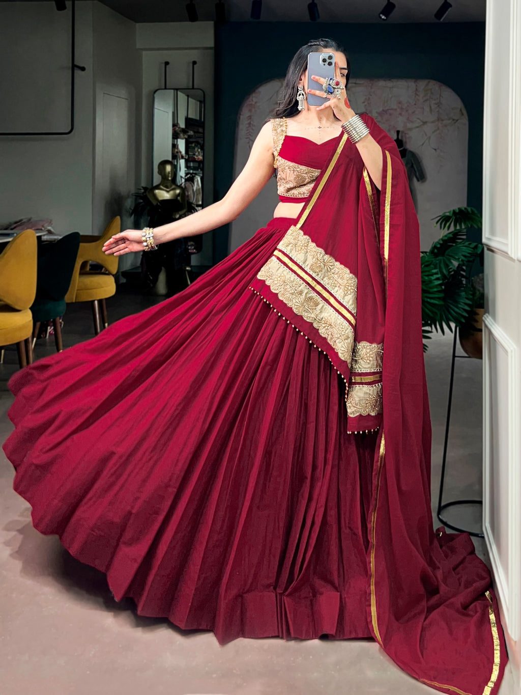 Maroon Mal Cotton Navratri Lehenga Choli with Sequins and Thread Embroidery