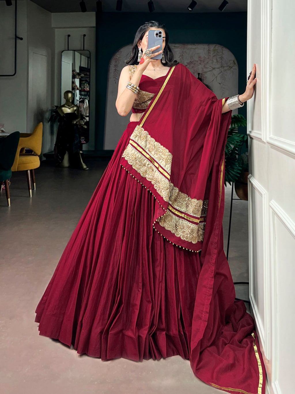 Maroon Mal Cotton Navratri Lehenga Choli with Sequins and Thread Embroidery