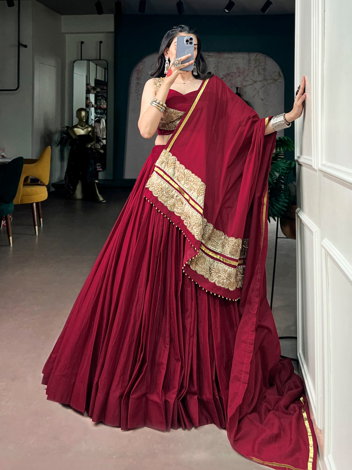 Maroon Mal Cotton Navratri Lehenga Choli with Sequins and Thread Embroidery