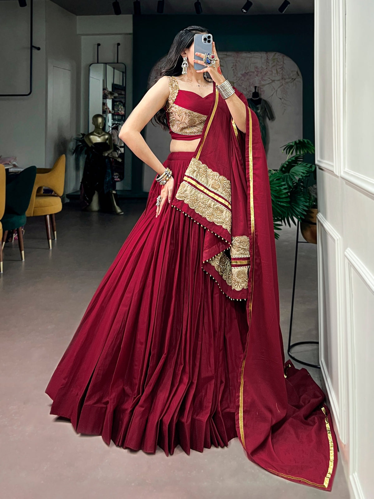 Maroon Mal Cotton Navratri Lehenga Choli with Sequins and Thread Embroidery