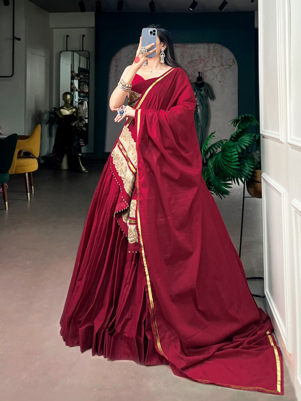 Maroon Mal Cotton Navratri Lehenga Choli with Sequins and Thread Embroidery