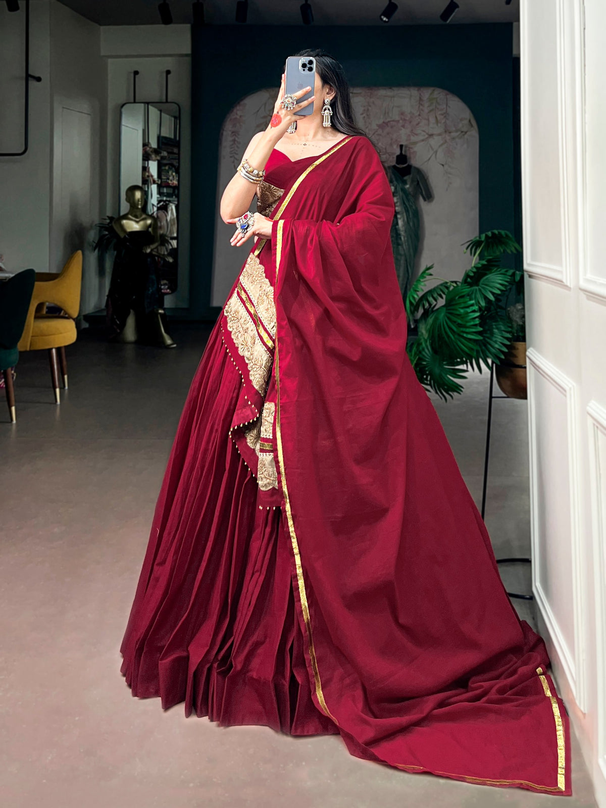 Maroon Mal Cotton Navratri Lehenga Choli with Sequins and Thread Embroidery