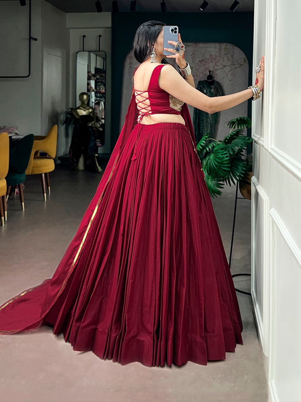 Maroon Mal Cotton Navratri Lehenga Choli with Sequins and Thread Embroidery