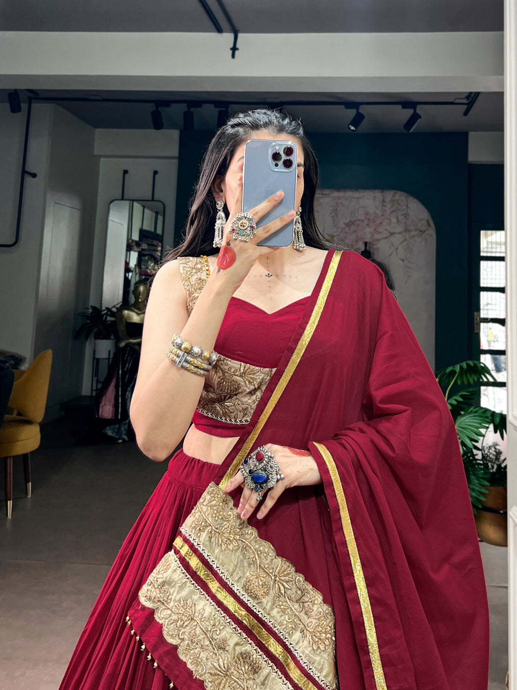Maroon Mal Cotton Navratri Lehenga Choli with Sequins and Thread Embroidery