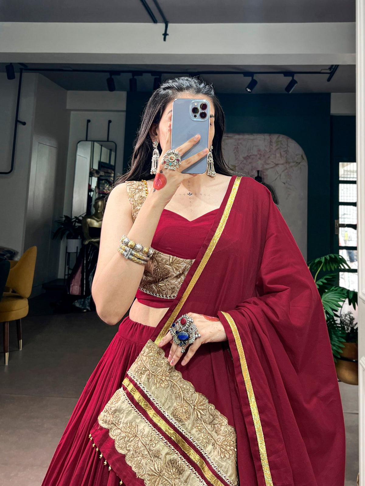 Maroon Mal Cotton Navratri Lehenga Choli with Sequins and Thread Embroidery