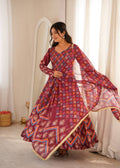 Maroon Printed Maslin Gown with Pant and Dupatta