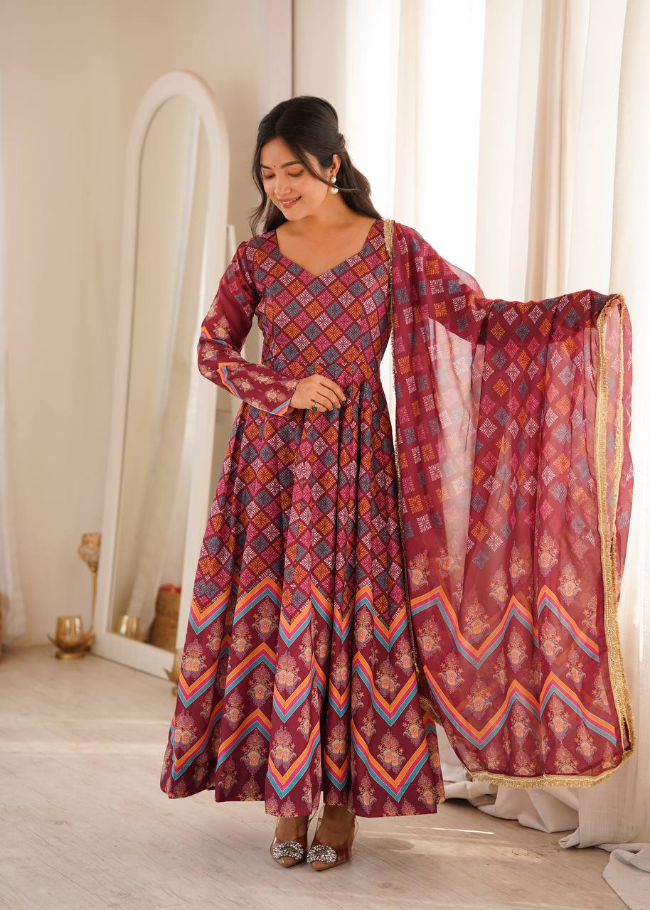 Maroon Printed Maslin Gown with Pant and Dupatta