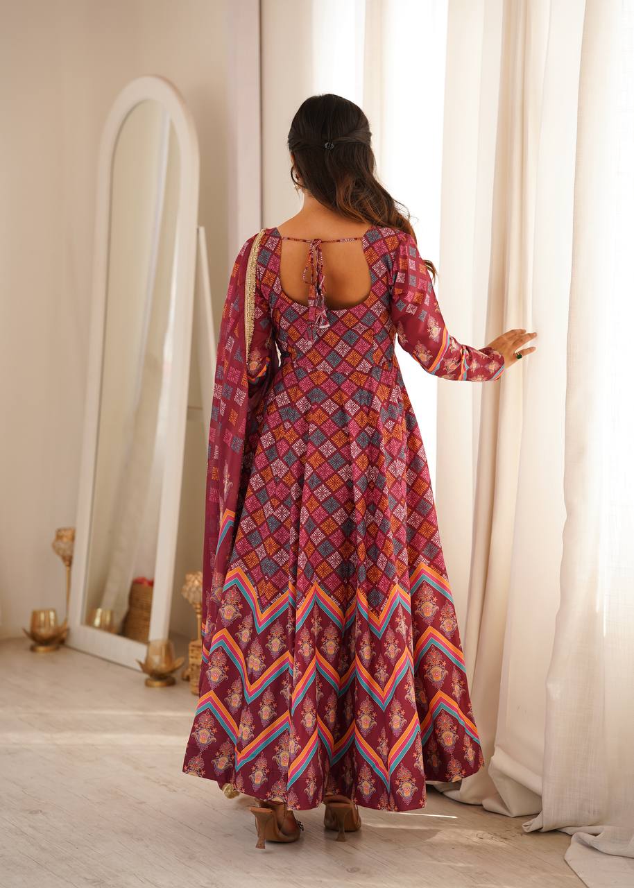 Maroon Printed Maslin Gown with Pant and Dupatta