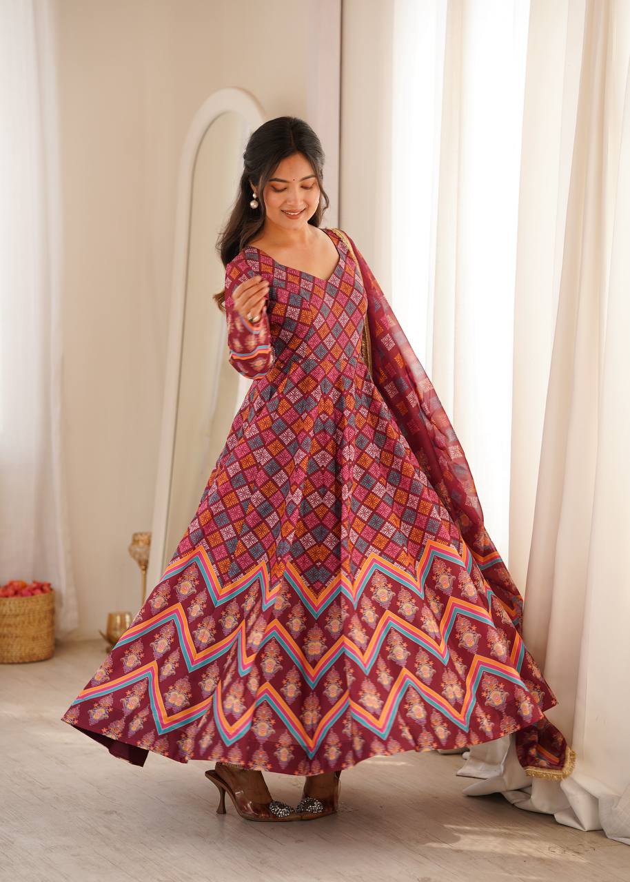Maroon Printed Maslin Gown with Pant and Dupatta