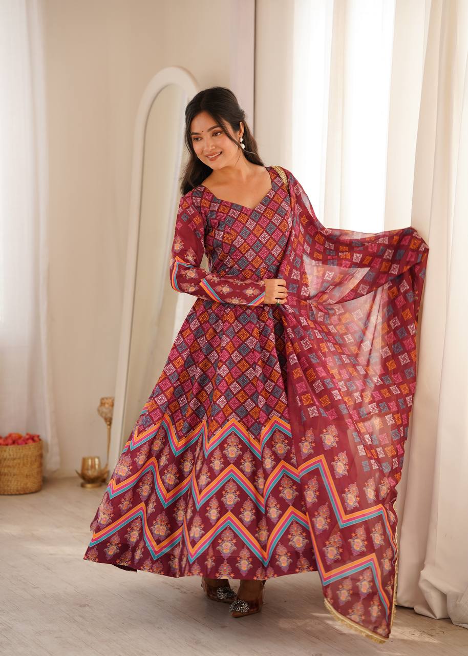 Maroon Printed Maslin Gown with Pant and Dupatta