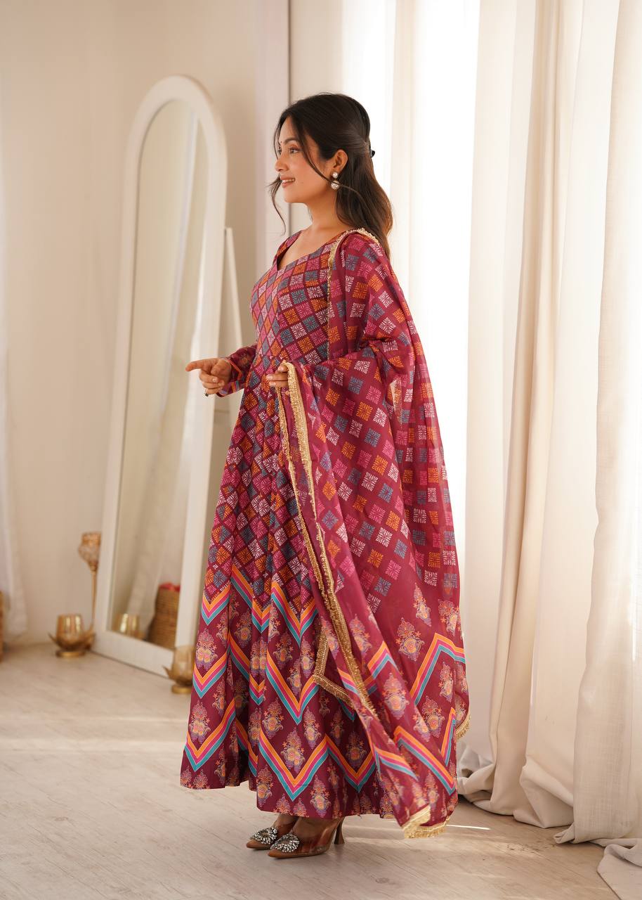 Maroon Printed Maslin Gown with Pant and Dupatta