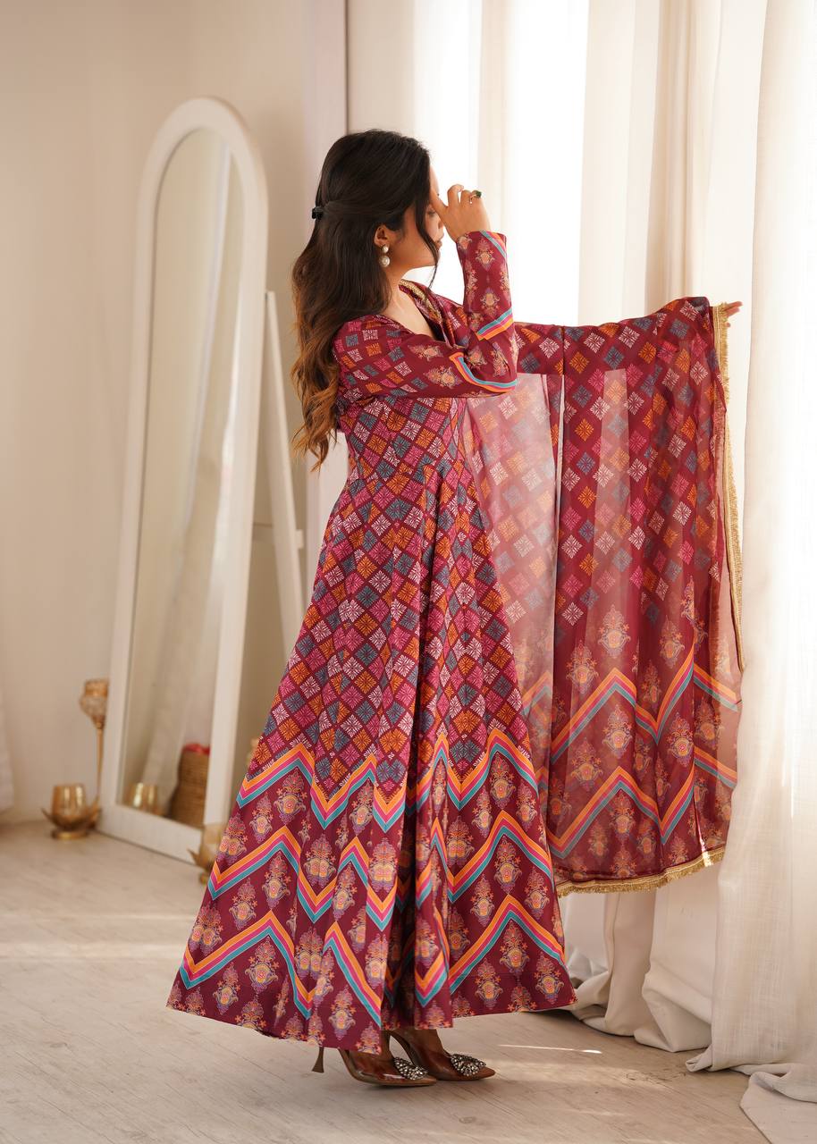 Maroon Printed Maslin Gown with Pant and Dupatta