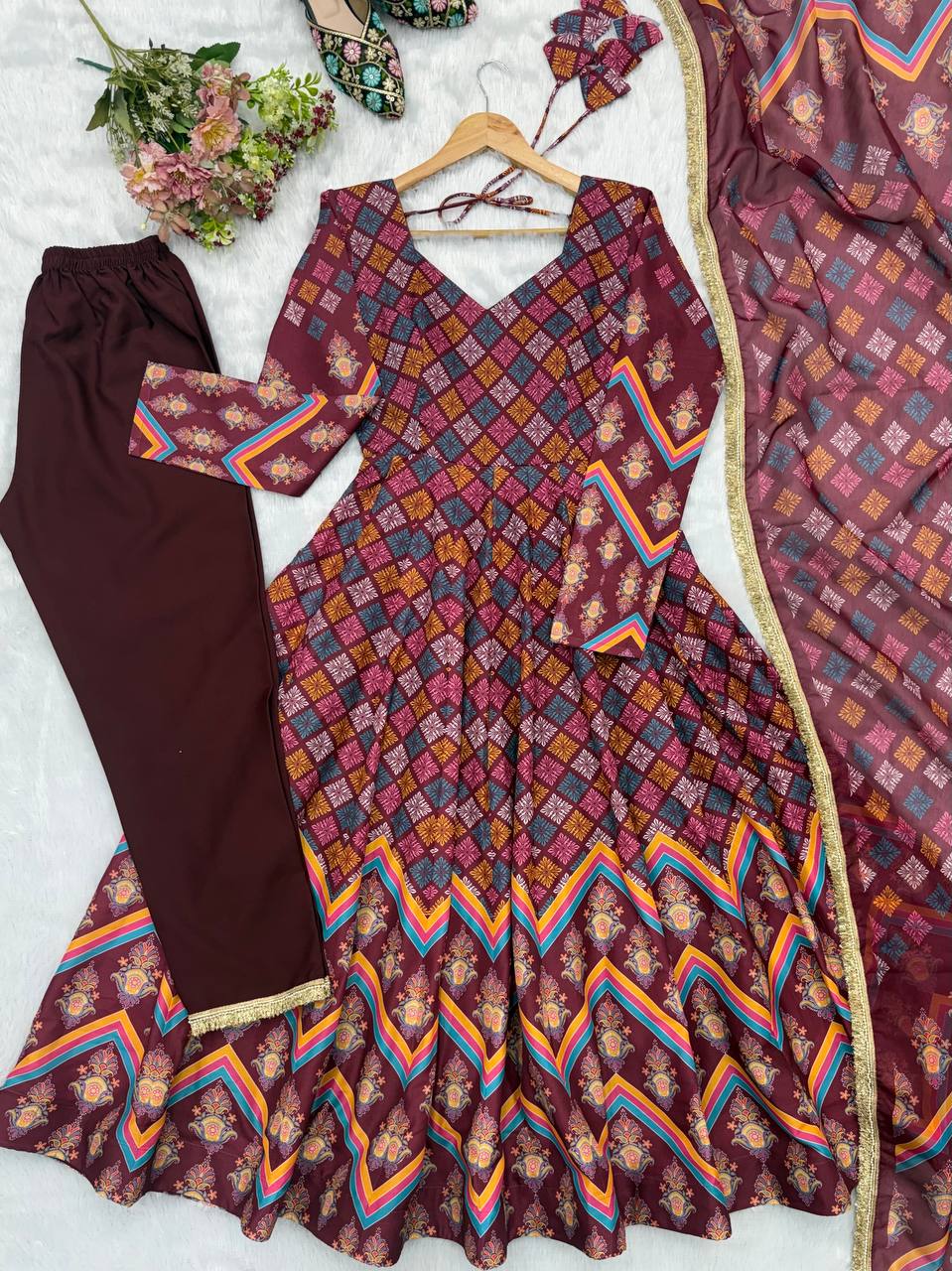 Maroon Printed Maslin Gown with Pant and Dupatta